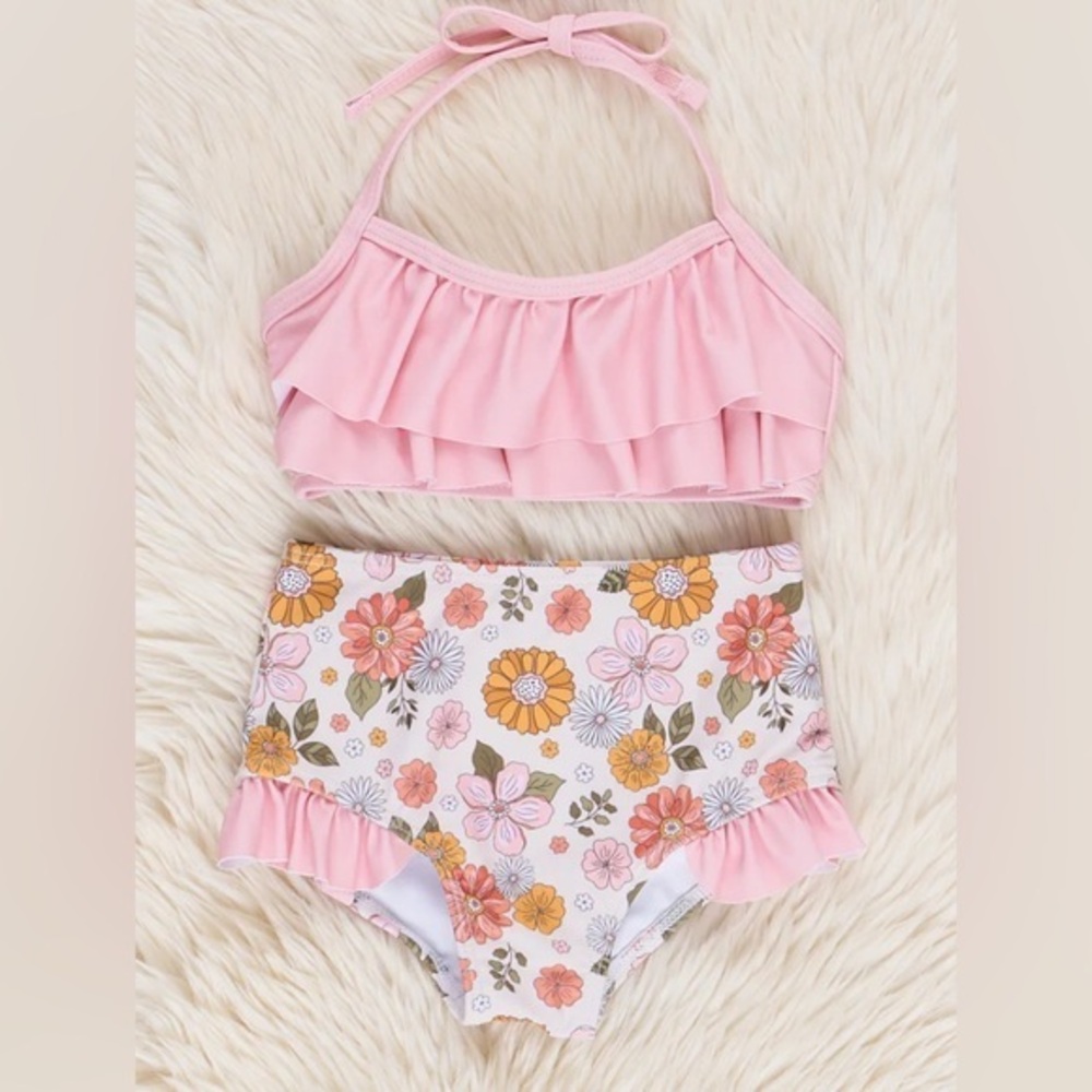 NEW! Pink Ruffle Two-Piece Floral Girls Swimsuit